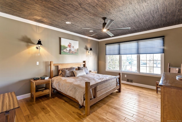 bedroom featuring ornamental molding, light hardwood / wood-style floors, ceiling fan, and wooden ceiling