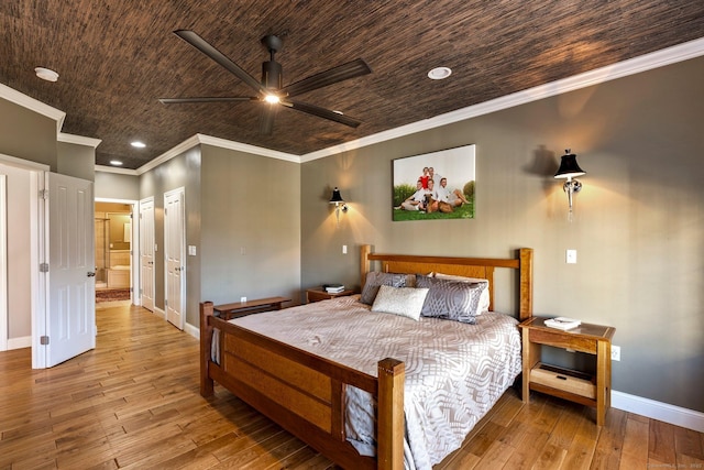 bedroom with ceiling fan, crown molding, light hardwood / wood-style floors, and wooden ceiling