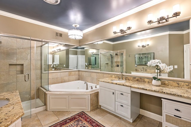 bathroom with tile patterned flooring, vanity, shower with separate bathtub, and crown molding