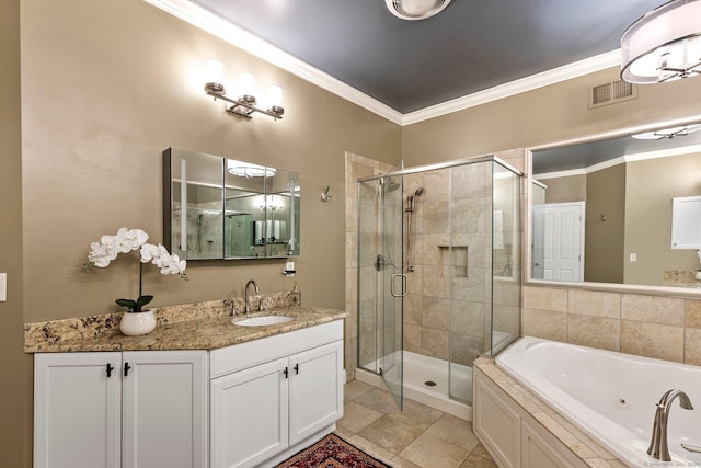 bathroom with vanity, ornamental molding, and shower with separate bathtub