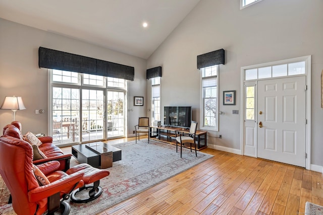 living room featuring high vaulted ceiling and light hardwood / wood-style flooring