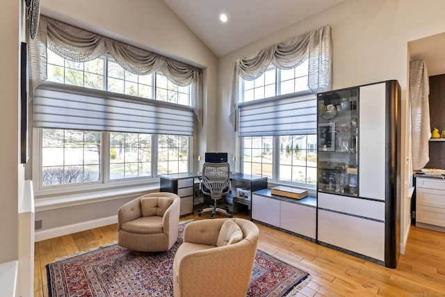 sitting room featuring light hardwood / wood-style floors and vaulted ceiling