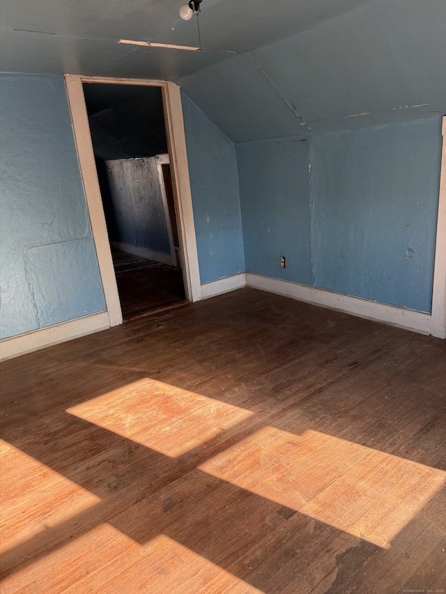 additional living space with hardwood / wood-style floors and lofted ceiling