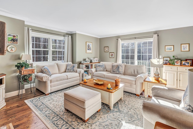 living room featuring hardwood / wood-style flooring and ornamental molding