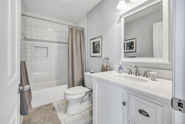 full bathroom featuring shower / bath combination with curtain, toilet, and vanity