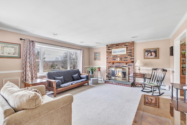 living room with carpet flooring, ornamental molding, and a brick fireplace