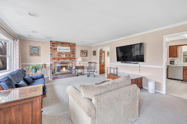 living room featuring crown molding, light colored carpet, and a brick fireplace