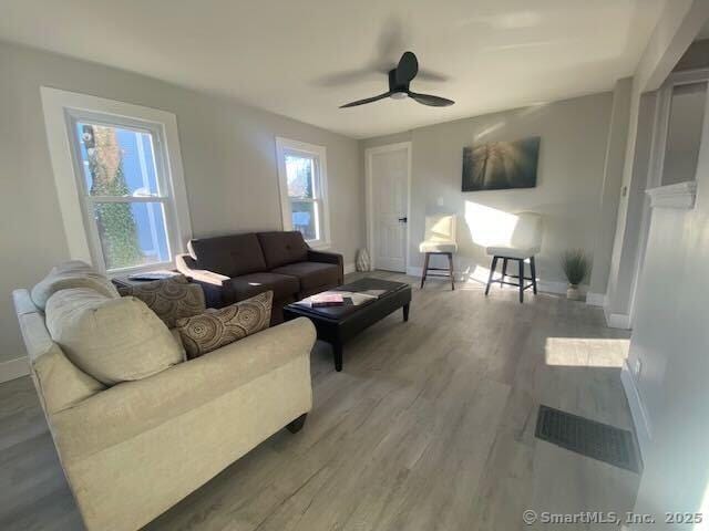 living room with wood-type flooring and ceiling fan