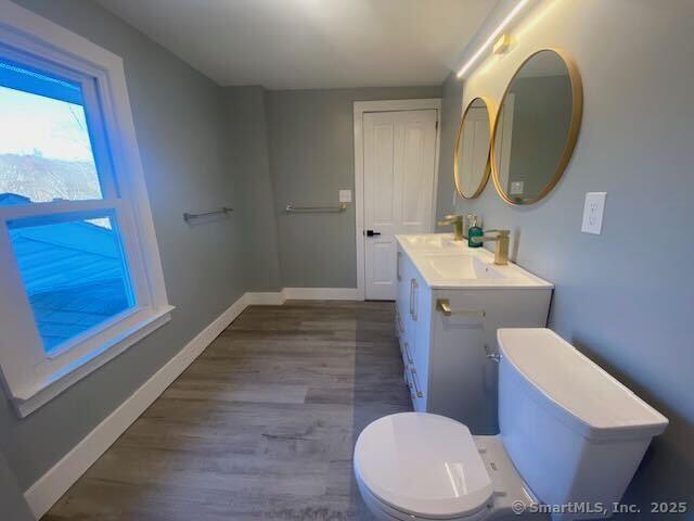 bathroom featuring vanity, hardwood / wood-style flooring, and toilet