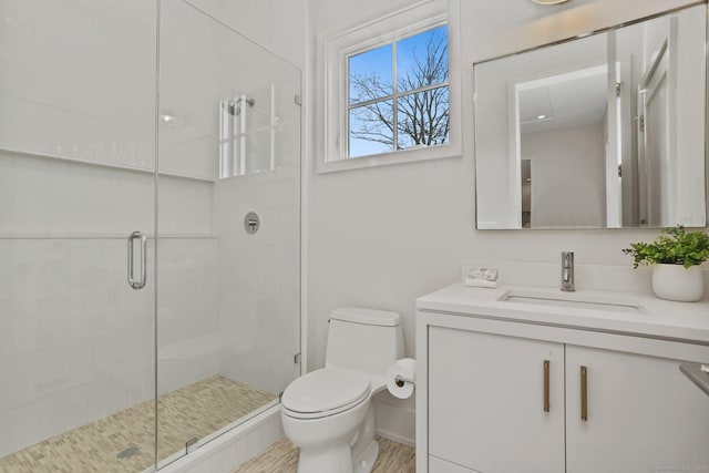 bathroom featuring vanity, toilet, and a shower with door