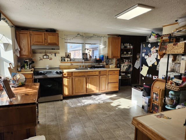 kitchen with a textured ceiling, sink, stainless steel range, and fridge