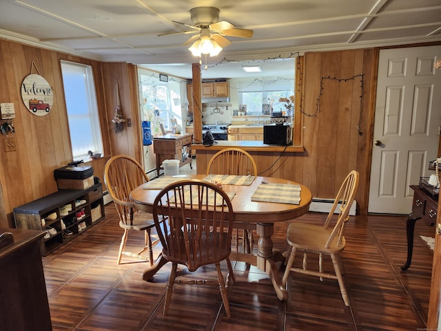 dining room featuring a wealth of natural light, a baseboard radiator, ceiling fan, and wood walls