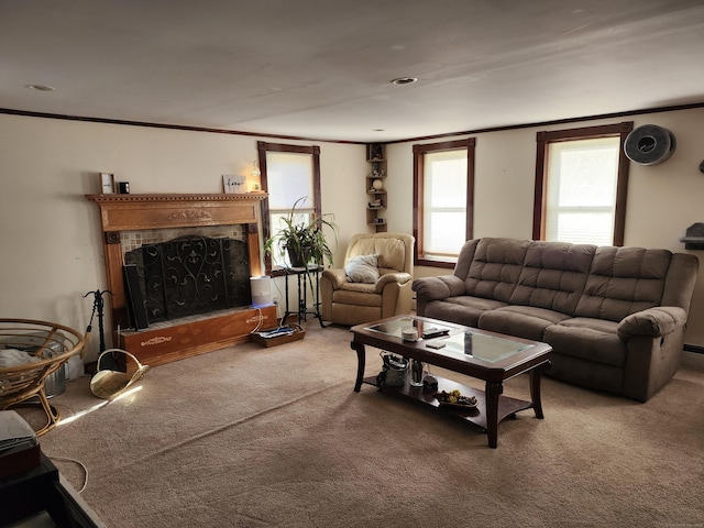 living room with carpet and crown molding