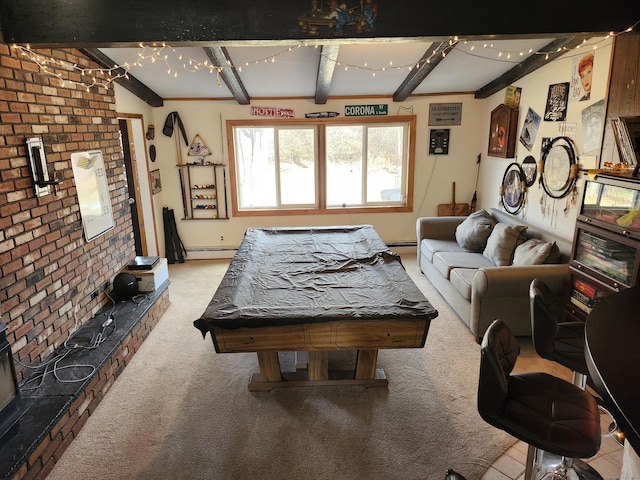 recreation room featuring light carpet, beamed ceiling, a baseboard heating unit, and billiards