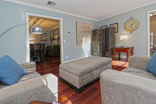 living room featuring dark hardwood / wood-style floors and ornamental molding