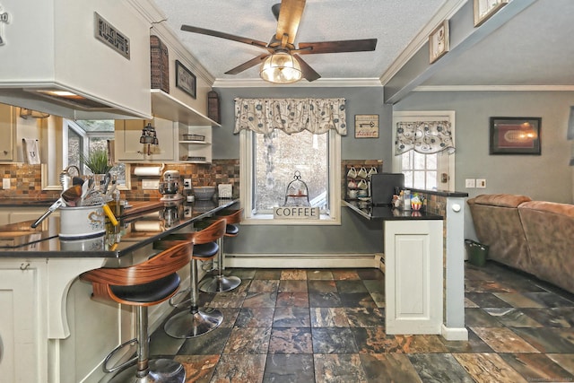 kitchen with ceiling fan, baseboard heating, plenty of natural light, a textured ceiling, and custom range hood