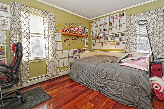 bedroom featuring a textured ceiling, crown molding, and dark wood-type flooring