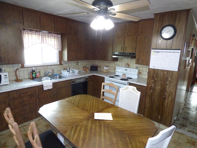 kitchen with white appliances, decorative backsplash, ceiling fan, dark brown cabinets, and sink