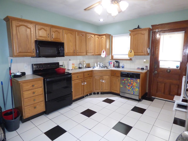 kitchen with backsplash, light tile patterned flooring, ceiling fan, and black appliances