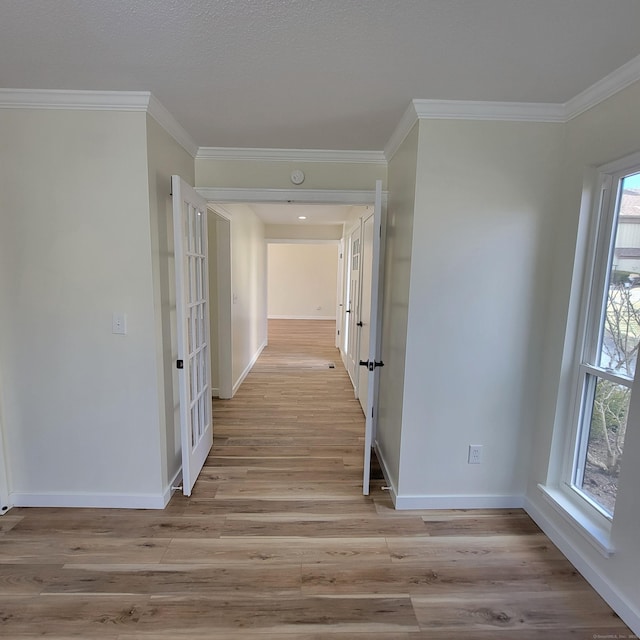 hall with light hardwood / wood-style floors, ornamental molding, and a healthy amount of sunlight