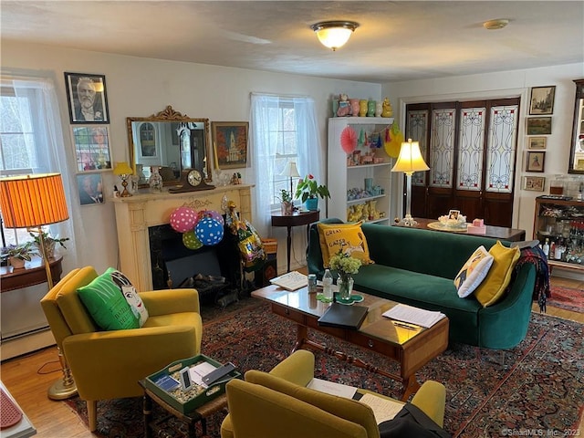 sitting room with plenty of natural light, wood-type flooring, and a baseboard heating unit