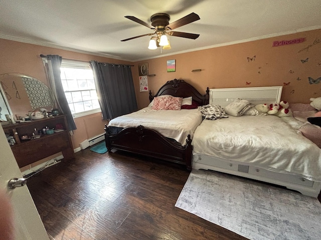 bedroom featuring ceiling fan, ornamental molding, baseboard heating, and dark wood-type flooring