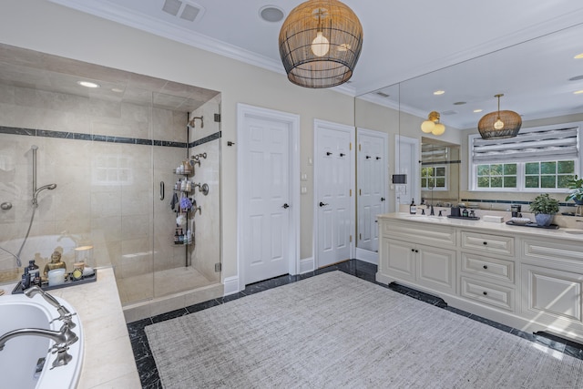 bathroom with tile patterned floors, vanity, separate shower and tub, and ornamental molding