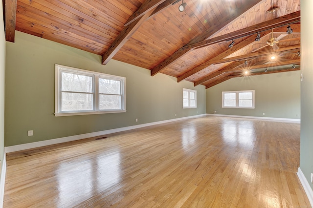 interior space featuring vaulted ceiling with beams, wood ceiling, and light wood-type flooring