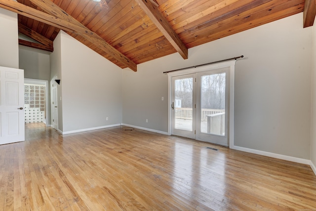 unfurnished living room featuring beam ceiling, high vaulted ceiling, wooden ceiling, and light hardwood / wood-style floors