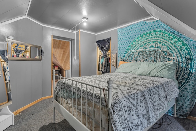 carpeted bedroom with a spacious closet, a closet, lofted ceiling, and ornamental molding