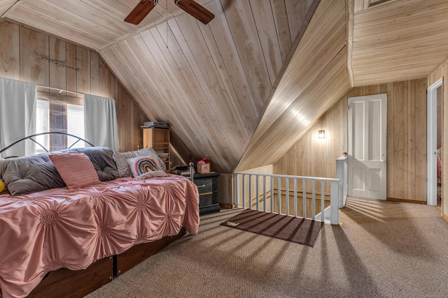 bedroom featuring ceiling fan, vaulted ceiling, wooden walls, carpet, and wood ceiling