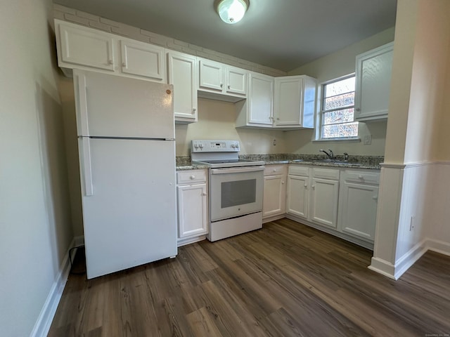 kitchen featuring white cabinetry, sink, dark hardwood / wood-style floors, and white appliances