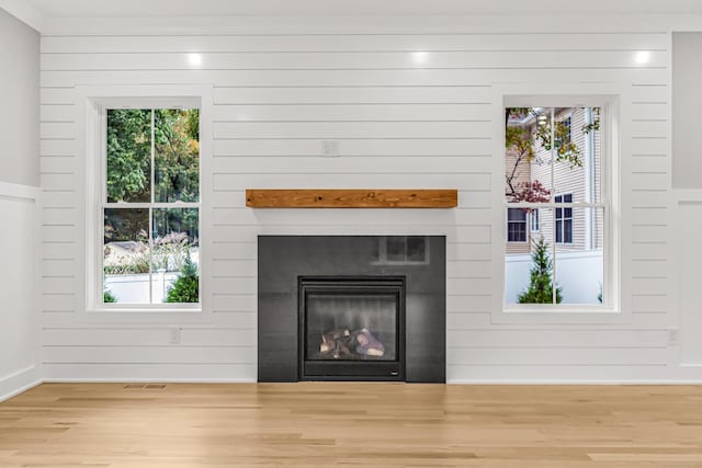 room details with a glass covered fireplace, visible vents, and wood finished floors