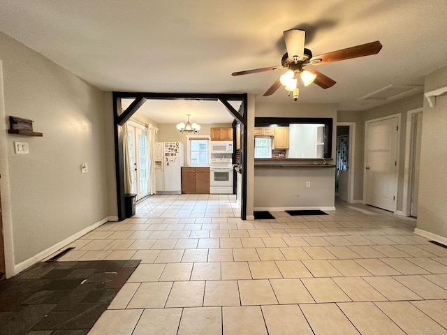 unfurnished living room with light tile patterned floors and ceiling fan with notable chandelier