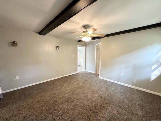 carpeted spare room with beamed ceiling and ceiling fan