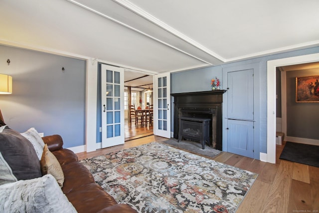 living room featuring french doors and wood-type flooring