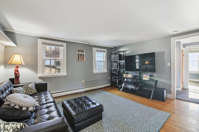 living room featuring hardwood / wood-style flooring and a baseboard radiator