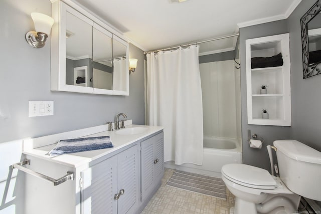 full bathroom featuring shower / tub combo, vanity, ornamental molding, and toilet