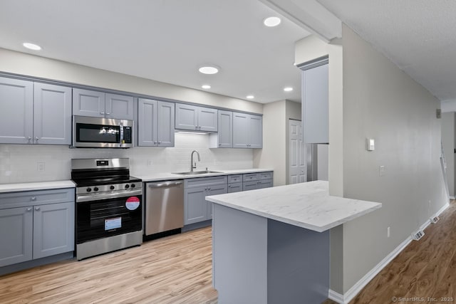 kitchen with backsplash, sink, light wood-type flooring, and appliances with stainless steel finishes