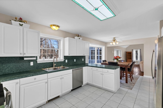 kitchen with sink, backsplash, stainless steel appliances, white cabinets, and kitchen peninsula