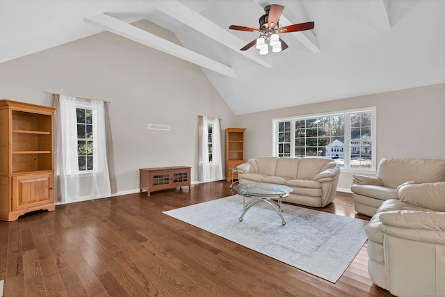 living room with ceiling fan, wood-type flooring, high vaulted ceiling, and beamed ceiling