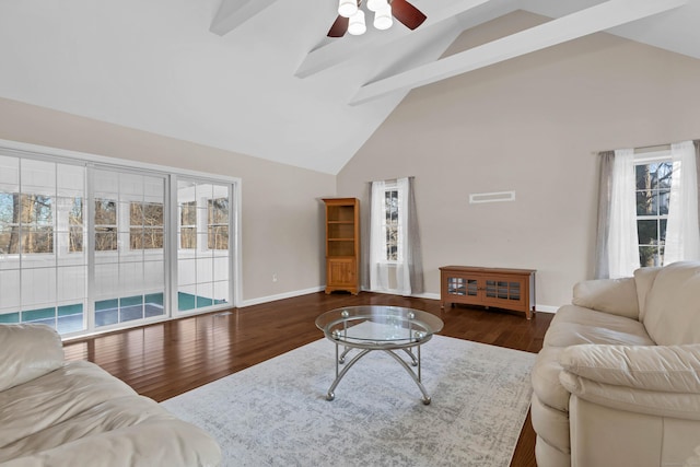 living room featuring ceiling fan, high vaulted ceiling, dark hardwood / wood-style floors, and beamed ceiling