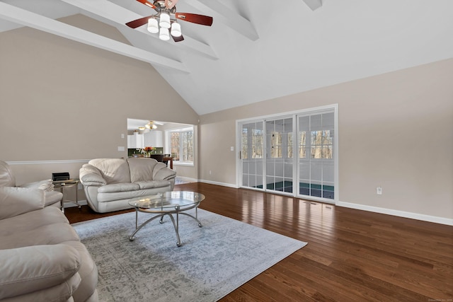 living room with dark hardwood / wood-style flooring, beam ceiling, high vaulted ceiling, and ceiling fan