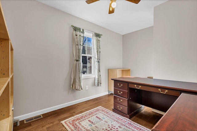 office space with ceiling fan and dark hardwood / wood-style floors