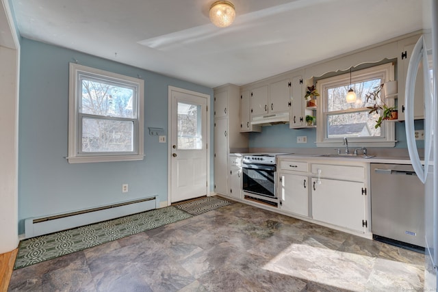 kitchen with sink, stainless steel appliances, a baseboard heating unit, pendant lighting, and white cabinets