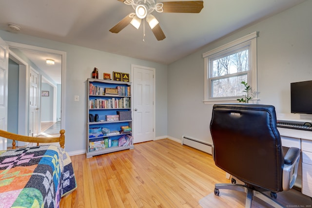 interior space featuring light wood-type flooring, baseboard heating, and ceiling fan