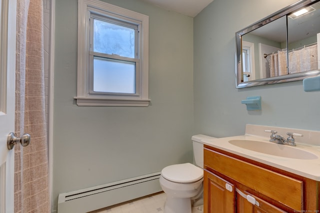 bathroom with baseboard heating, vanity, a shower with shower curtain, and toilet