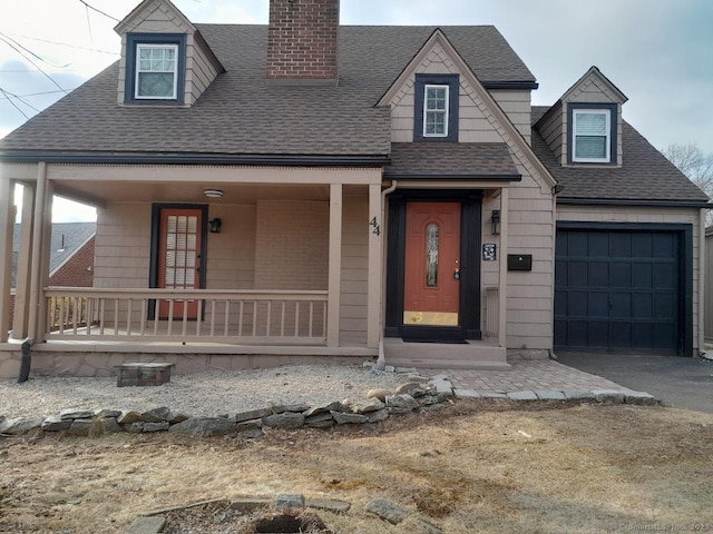 cape cod house featuring covered porch and a garage