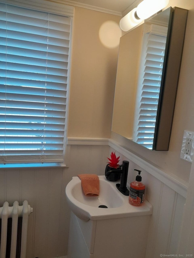 bathroom with radiator heating unit and ornamental molding