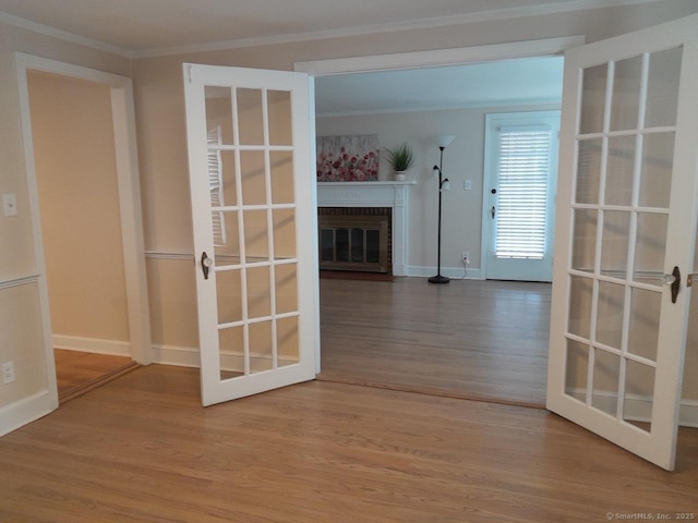 interior space featuring wood-type flooring, a fireplace, and french doors